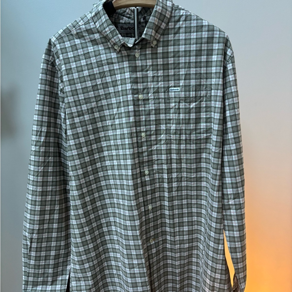 Barbour Mens Regular Fit Mid-Weight Green Plaid Shirt Long Sleeve Size Large